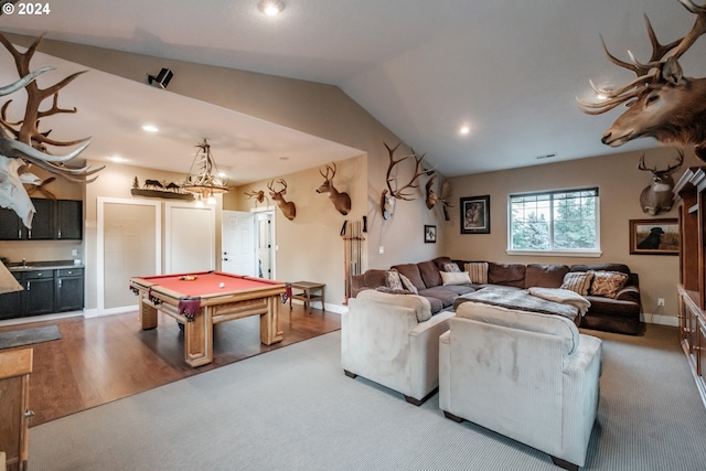 playroom with hardwood / wood-style floors, lofted ceiling, and pool table