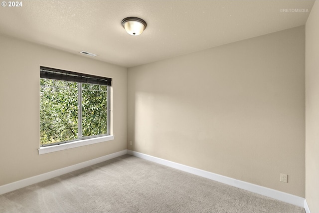 unfurnished room featuring a textured ceiling and light colored carpet