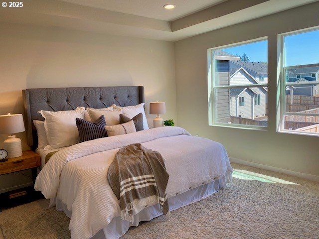 bedroom with recessed lighting, carpet floors, and baseboards