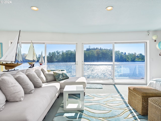 carpeted living room featuring a water view