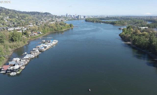 drone / aerial view featuring a water view