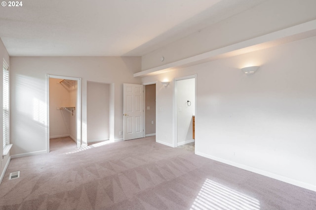 interior space featuring a closet, lofted ceiling, a spacious closet, and light colored carpet