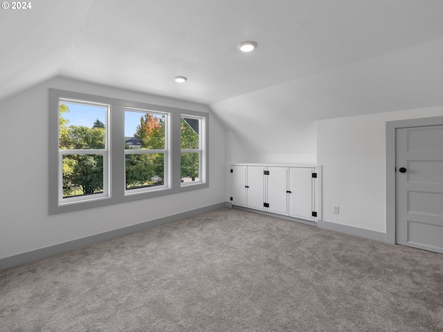 additional living space with vaulted ceiling and light colored carpet