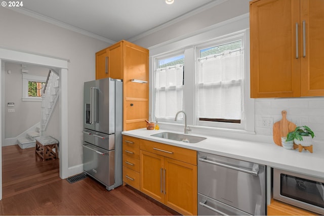 kitchen with appliances with stainless steel finishes, sink, a wealth of natural light, and dark hardwood / wood-style flooring