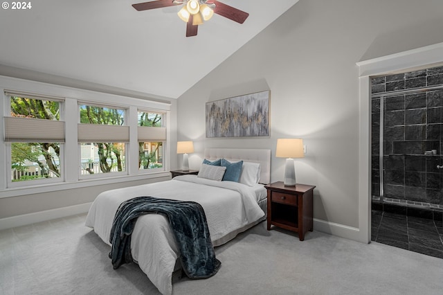 bedroom with light carpet, high vaulted ceiling, and ceiling fan