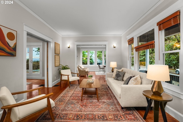 living room featuring dark wood-type flooring, ornamental molding, and plenty of natural light