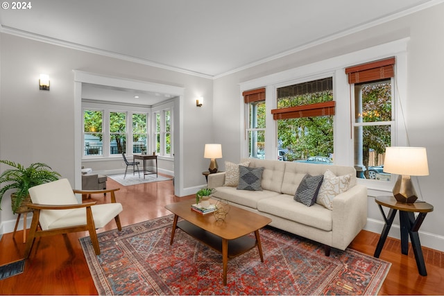 living room with crown molding, wood-type flooring, and a healthy amount of sunlight