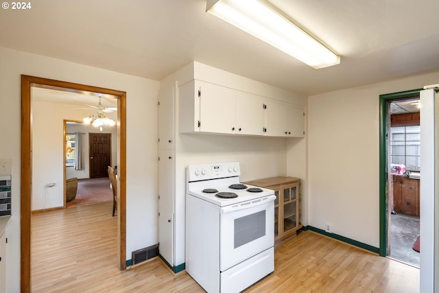 kitchen featuring white cabinetry, light hardwood / wood-style flooring, and electric stove