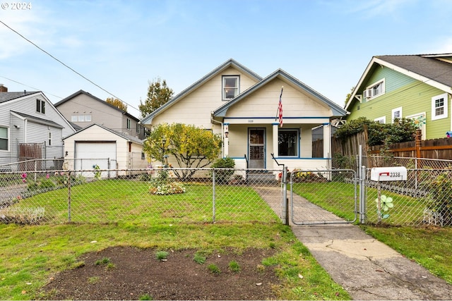 bungalow with covered porch and a front lawn