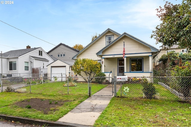 bungalow-style home with a front lawn and a porch