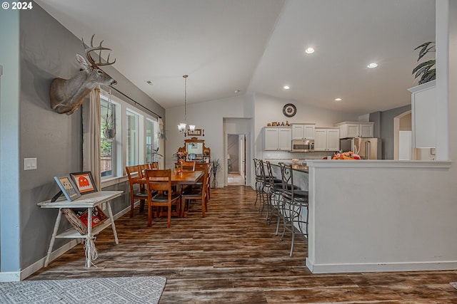 1843 Shelley Rd, Coquille, OR 97423 - dining room with dark wood finished floors, vaulted ceiling, a chandelier, baseboards, and recessed lighting
