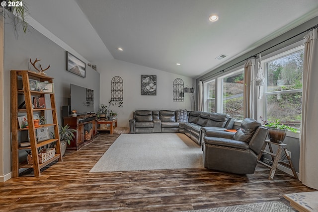 1843 Shelley Rd, Coquille, OR 97423 - living room featuring vaulted ceiling, dark wood finished floors, and recessed lighting