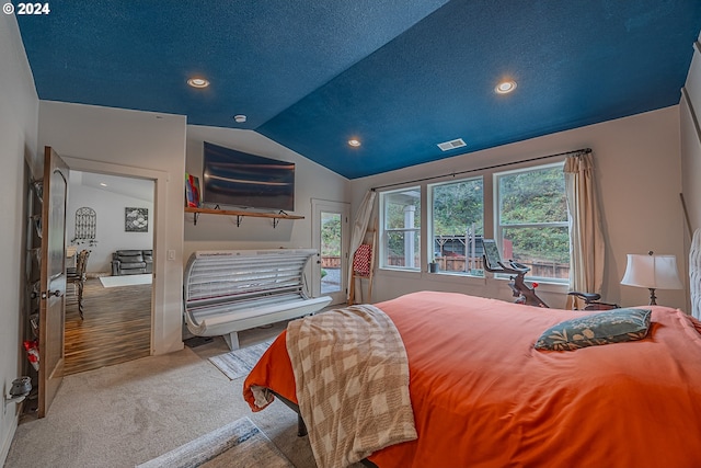 1843 Shelley Rd, Coquille, OR 97423 - bedroom with lofted ceiling, recessed lighting, carpet flooring, and access to exterior