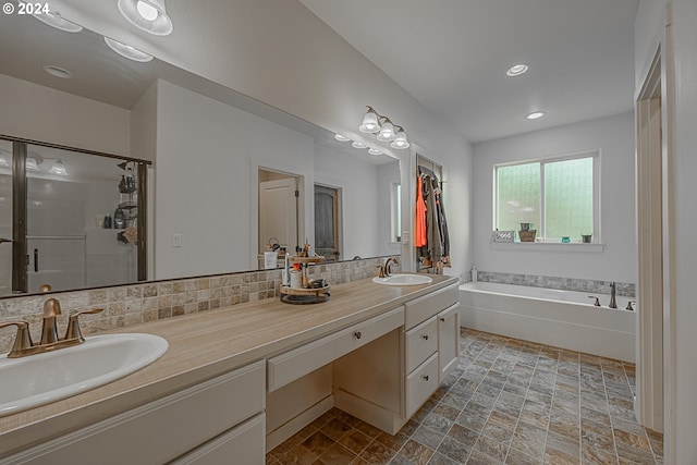 1843 Shelley Rd, Coquille, OR 97423 - full bath featuring double vanity, a garden tub, a shower stall, backsplash, and recessed lighting