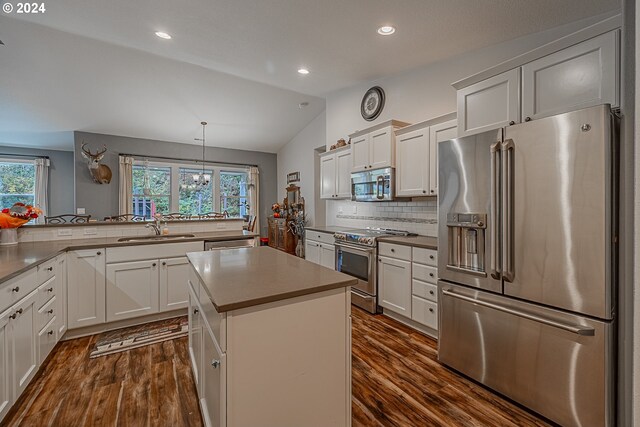 1843 Shelley Rd, Coquille, OR 97423 - kitchen with premium appliances, a sink, dark wood-style flooring, lofted ceiling, and a kitchen island