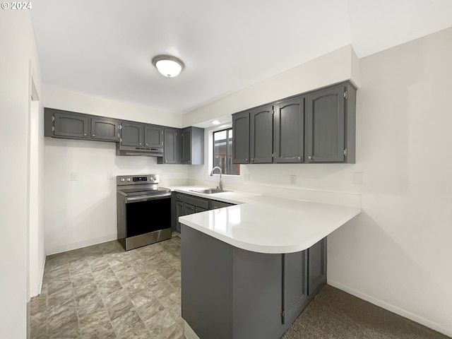 kitchen with stainless steel electric stove, gray cabinetry, sink, and kitchen peninsula