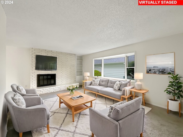 living room featuring a textured ceiling, light colored carpet, and a brick fireplace