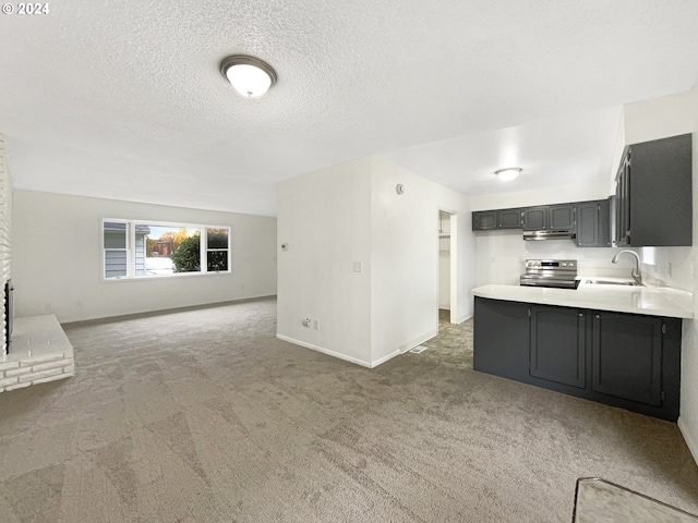 kitchen with a textured ceiling, carpet, sink, and electric range