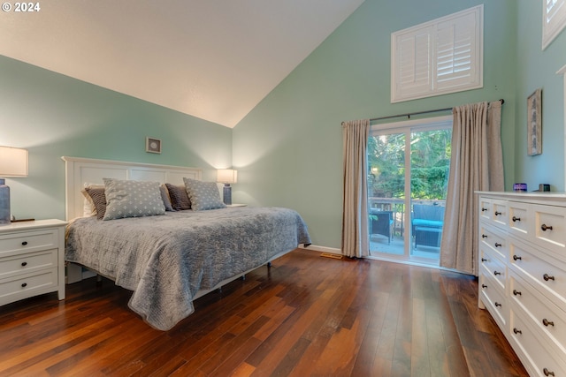 bedroom with high vaulted ceiling, access to outside, and dark wood-type flooring