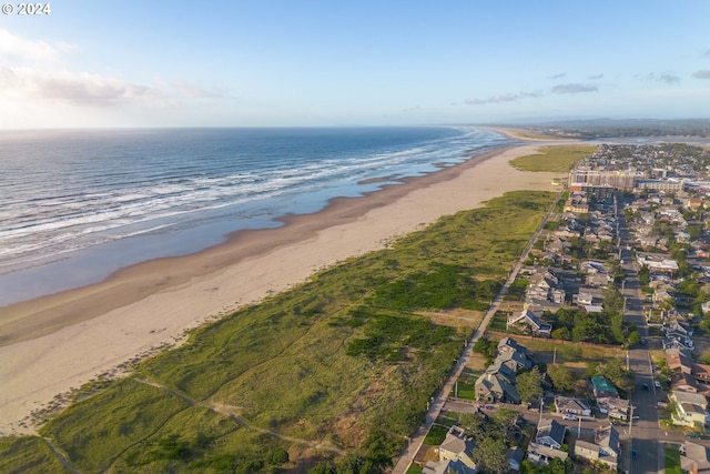 bird's eye view with a view of the beach and a water view