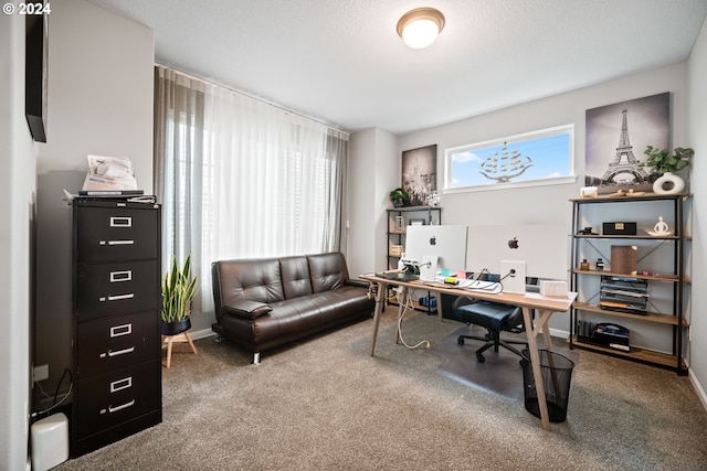 home office featuring carpet floors and a textured ceiling