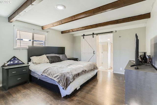 bedroom featuring dark wood-type flooring, a barn door, and beamed ceiling