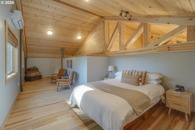 bedroom with light wood-type flooring, vaulted ceiling with beams, an AC wall unit, and wood ceiling