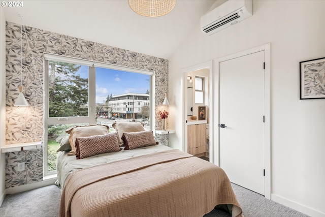 bedroom featuring lofted ceiling, carpet floors, and a wall mounted AC