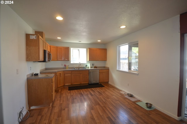 kitchen with dark wood-type flooring, a healthy amount of sunlight, stainless steel appliances, and sink