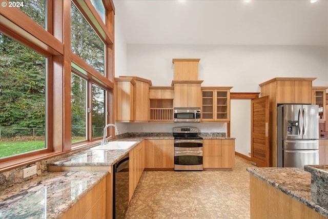 kitchen featuring sink, light stone counters, light brown cabinets, appliances with stainless steel finishes, and a towering ceiling