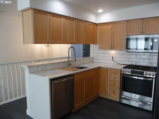 kitchen featuring dark hardwood / wood-style flooring, stainless steel appliances, backsplash, and sink