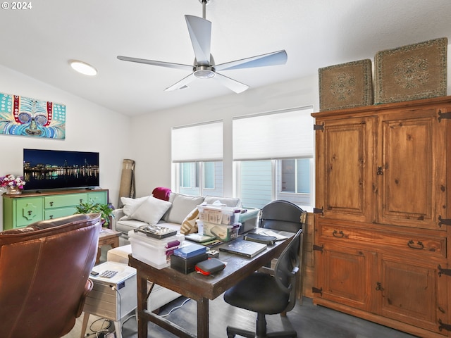 home office featuring ceiling fan and lofted ceiling