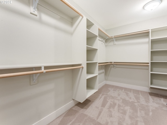 walk in closet with light carpet