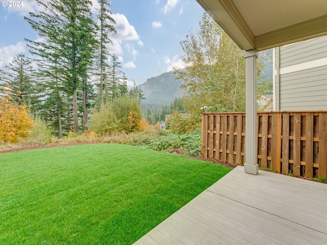 view of yard with a mountain view and a patio