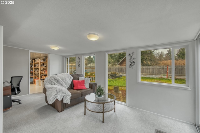 living room featuring a healthy amount of sunlight, light carpet, and a textured ceiling