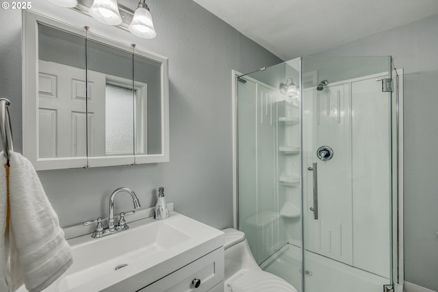 bathroom with toilet, a stall shower, and vanity