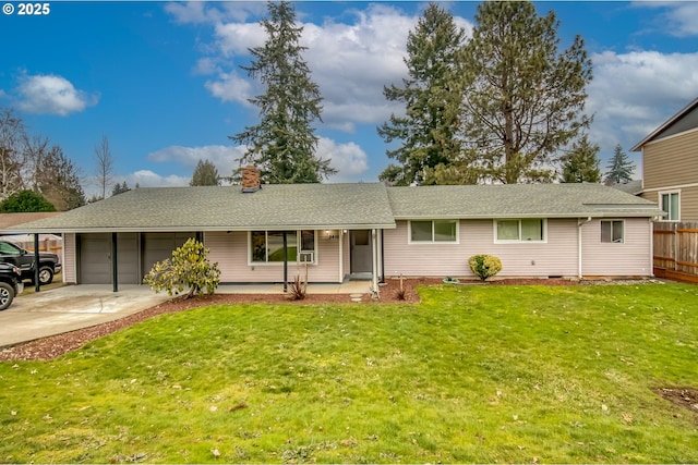 ranch-style home with a front yard, fence, driveway, a chimney, and a garage