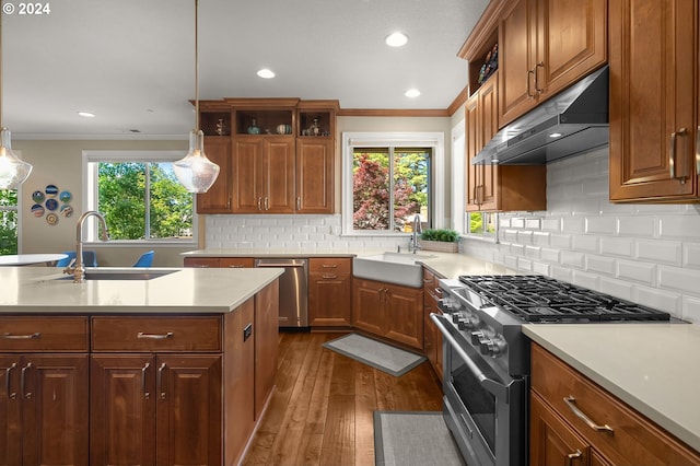 kitchen with pendant lighting, dark hardwood / wood-style flooring, stainless steel appliances, and sink