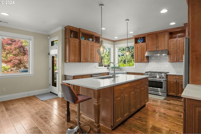 kitchen featuring stainless steel appliances, dark hardwood / wood-style flooring, an island with sink, and a healthy amount of sunlight