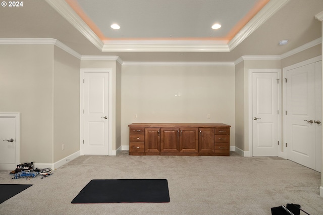 interior space with a tray ceiling, light carpet, and ornamental molding