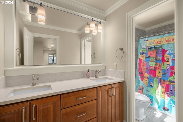 bathroom with curtained shower, crown molding, toilet, decorative backsplash, and vanity