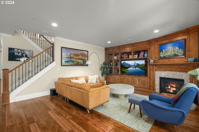 living room featuring ornamental molding, dark wood-type flooring, and a stone fireplace