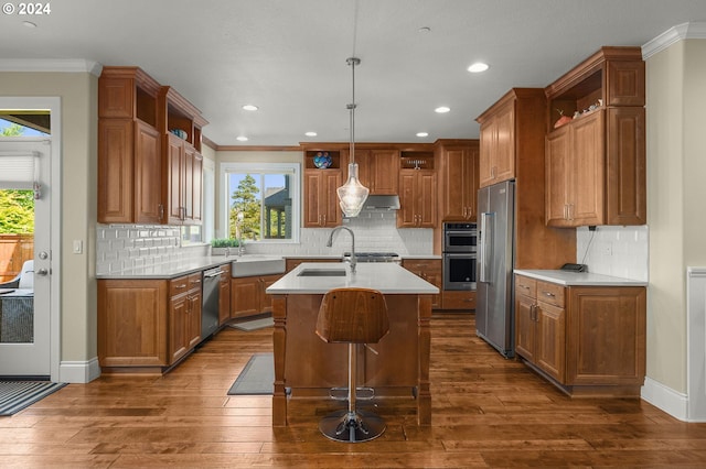 kitchen with appliances with stainless steel finishes, an island with sink, dark wood-type flooring, sink, and decorative backsplash