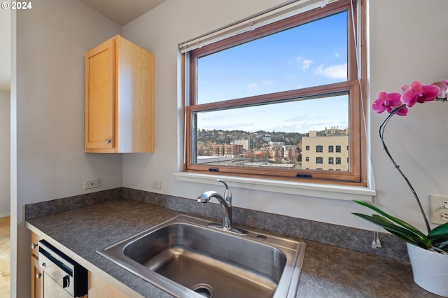 kitchen with light brown cabinets, sink, and dishwasher