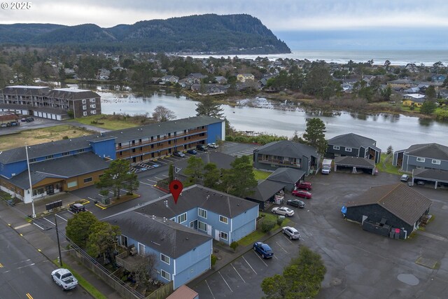 bird's eye view with a water and mountain view