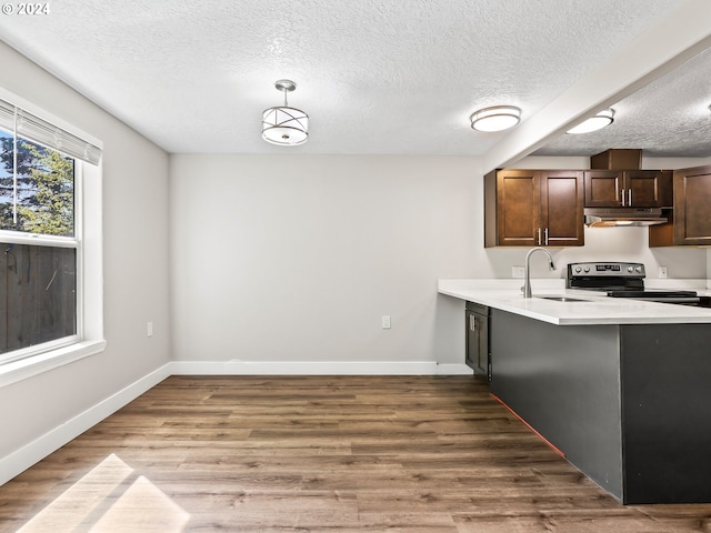 kitchen with kitchen peninsula, hardwood / wood-style floors, sink, stainless steel range with electric stovetop, and decorative light fixtures