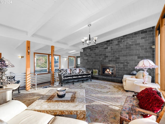 living room with lofted ceiling with beams, a large fireplace, an inviting chandelier, and a wall unit AC