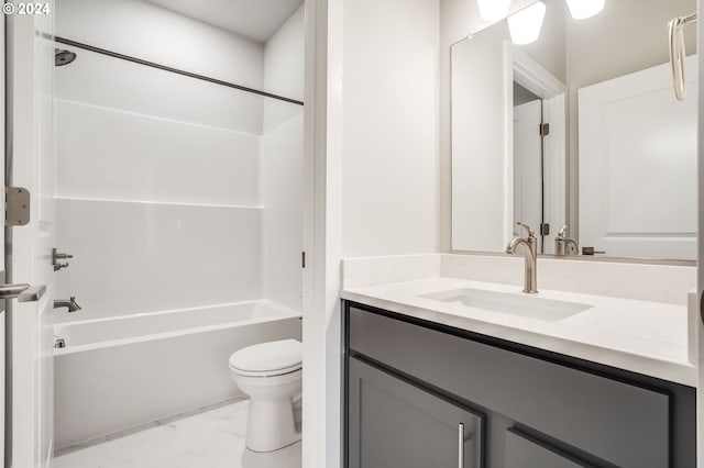 full bathroom featuring marble finish floor, shower / bath combination, vanity, and toilet