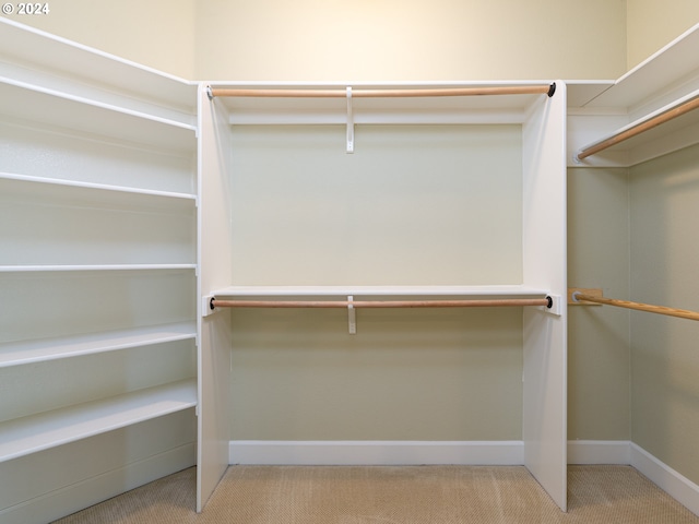 walk in closet featuring light colored carpet