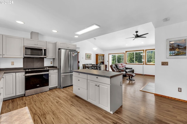 kitchen with light hardwood / wood-style floors, vaulted ceiling, ceiling fan, and appliances with stainless steel finishes